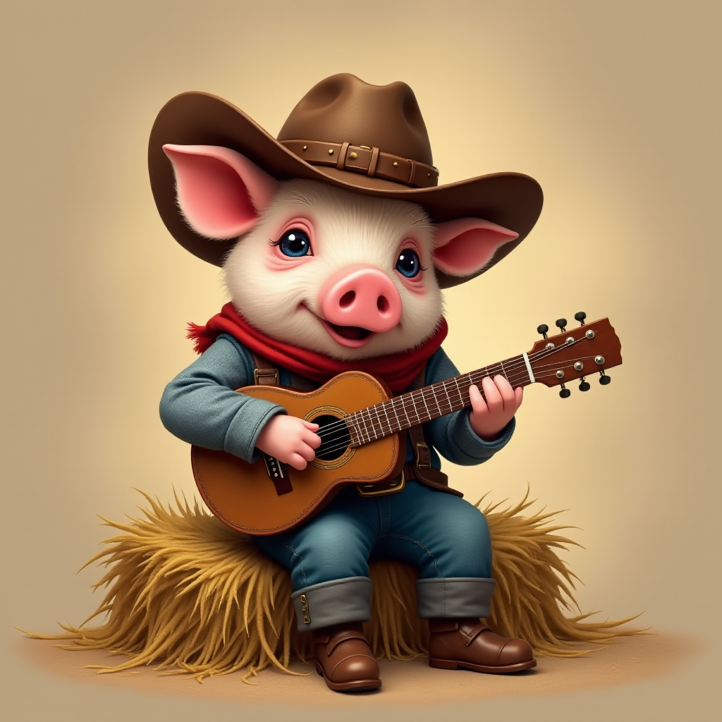 A chibi pig, dressed as a cowboy, playing guitar, sitting on a hay bale