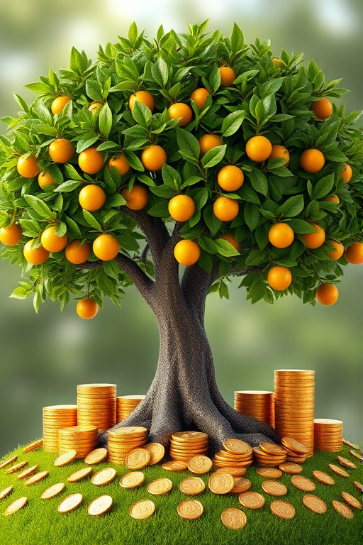Generate a 3D render of a tree with lush green leaves and gold coins as fruits, surrounded by stacks of gold coins on a grassy base, using a Canon EOS 5D Mark IV with a 50mm f/1.8 lens, f/8 aperture, ISO 100, and soft natural lighting to enhance the image quality and detail.