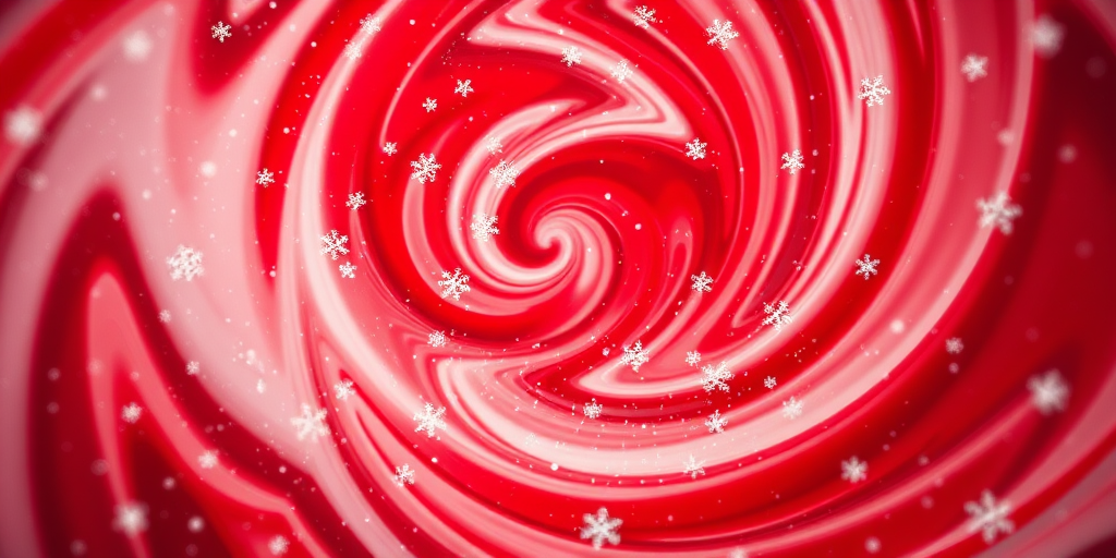 Generate an image of a swirling pattern of red and white with snowflakes, using a DSLR camera with a 50mm lens, f/1.8 aperture, ISO 100, and a shallow depth of field to enhance color vibrancy and detail.
