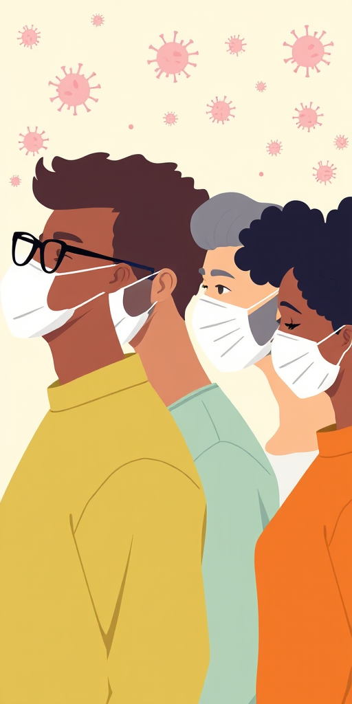 Create a digital illustration of four diverse individuals wearing masks, facing left, with a light abstract background featuring scattered virus icons, using a soft color palette, shot with a Canon EOS R5 at f/4, ISO 100, with a focus on vibrant colors and smooth lines for clarity.