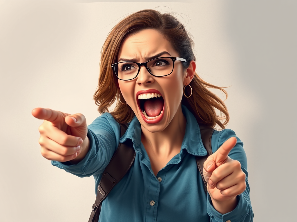 Create a high-resolution digital illustration of a woman angrily shouting while pointing, using a Canon EOS R5 with a 50mm f/1.8 lens, ISO 100, aperture f/4, and a soft focus background to enhance the subject.