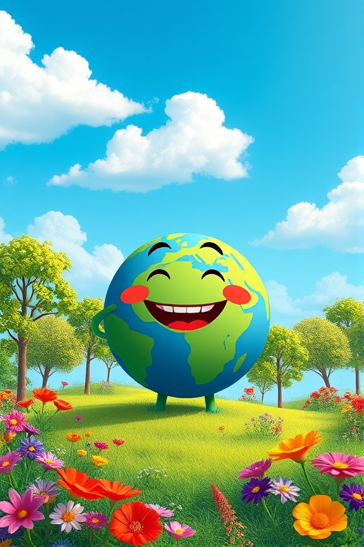 Generate a vibrant cartoon landscape featuring a happy Earth character with a smile, surrounded by colorful flowers and green trees under a bright blue sky with fluffy white clouds, using a Canon EOS R5 camera with a 50mm lens, aperture f/2.8, ISO 100, and a wide-angle view for enhanced image quality.