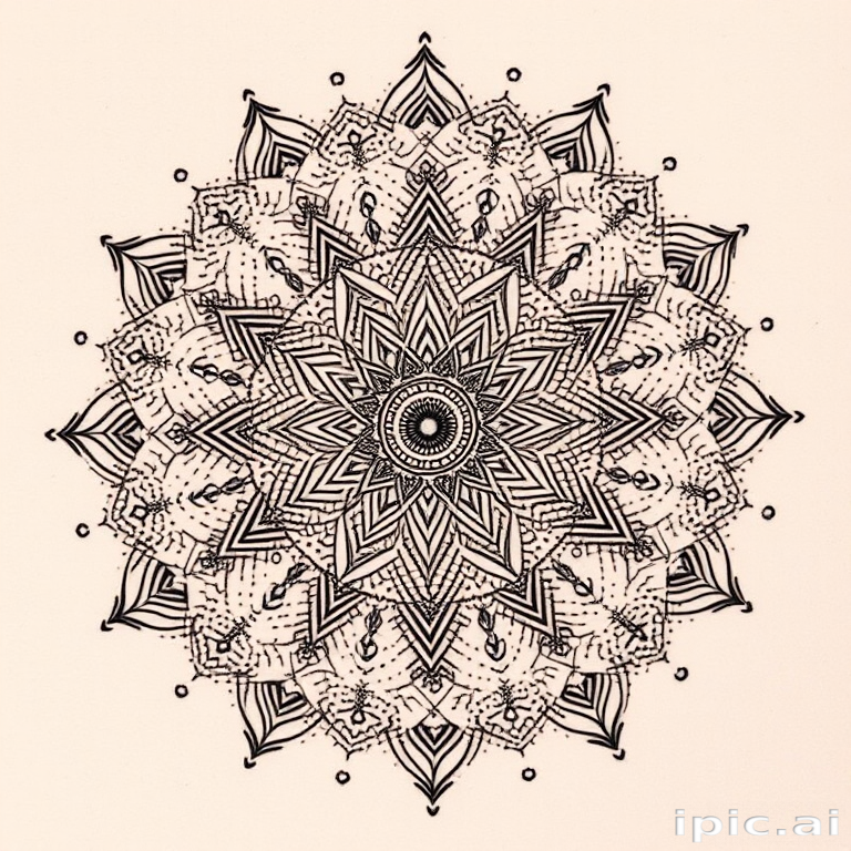 Intricate dotwork mandala tattoo titled "Infinite Serenity" composed entirely of thousands of meticulously placed dots forming intricate geometric patterns and sacred symbols radiating outward from a central focal point gradual shading achieved through dot density creates a mesmerizing three-dimensional effect evoking a sense of calm and balance