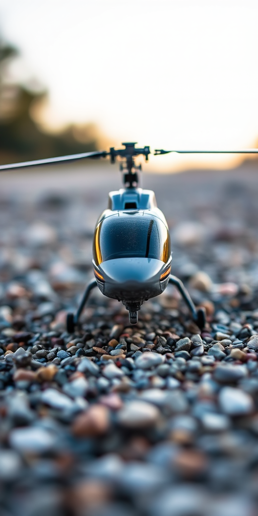 a detailed close-up of a model helicopter on a gravel surface with shallow depth of field, natural lighting, camera settings: aperture f/2.8, shutter speed 1/500 sec, ISO 100, 50mm lens, captured with a DSLR camera for enhanced clarity and texture