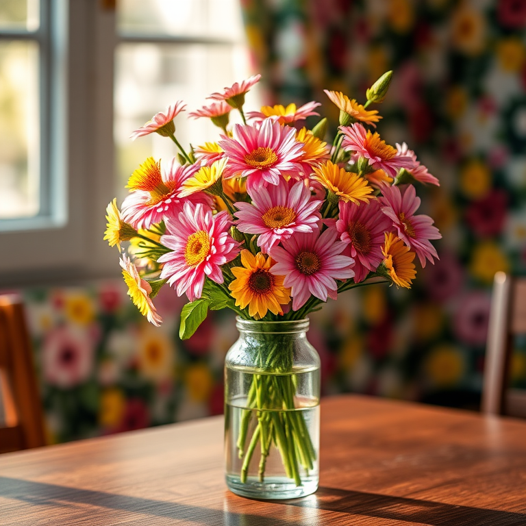 A vibrant bouquet of pink and yellow flowers in a glass vase on a wooden table, softly illuminated by warm natural light, with a blurred floral background, shot with a 50mm f/1.8 lens, aperture set to f/2.8, ISO 100, using a DSLR camera for enhanced clarity and depth.