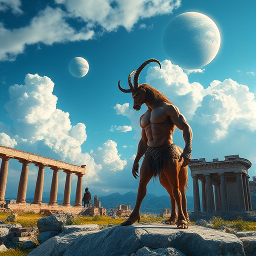 fantasy landscape with a muscular centaur in an ancient ruins setting, dramatic clouds and planets in the sky, wide-angle view, 35mm lens, f/8 aperture, ISO 100, natural lighting, high-resolution digital camera