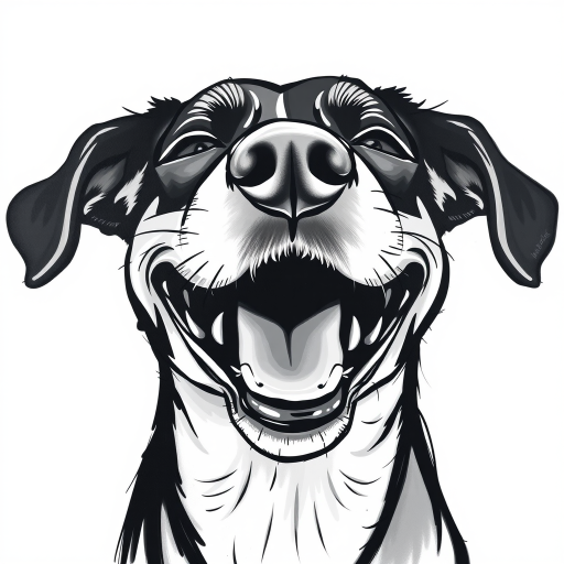 Abstract black and white acrylic portrait of an over exaggerated laughing (dog). Minimalism style. White background.