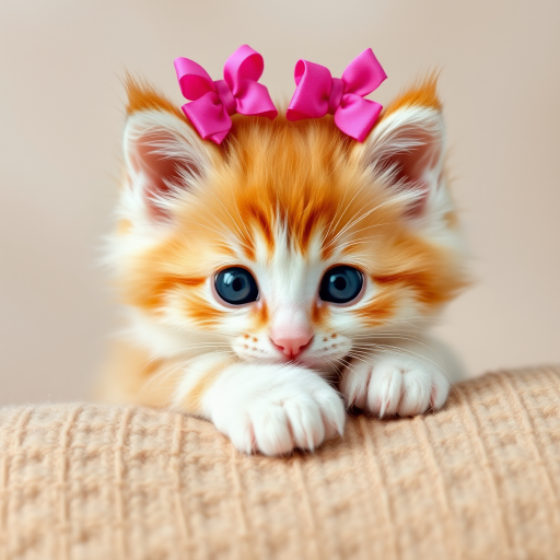 Create an image of a fluffy light orange and white kitten with big eyes resting its paws on a textured surface. The kitten should have cute pink bows on its head, adding a playful and adorable touch to the scene. The background should be soft and neutral, emphasizing the kitten's features.