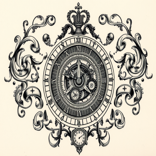 Engraving-style tattoo named "Tempus Fugit" showcasing a detailed clockwork mechanism surrounded by baroque flourishes and memento mori symbols, rendered in fine lines and crosshatching to emulate the look of copper plate engravings