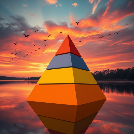 Generate an image of a pyramid structure with four layers, each layer a different color, set against a serene lake during sunset with a colorful sky and flying birds in the background, captured with a DSLR camera at f/5.6 aperture, ISO 100, 24mm focal length, and a wide-angle lens for enhanced depth and clarity.