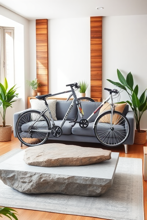 Create a bright and modern interior living room scene with a stylish gray sofa, two bicycles, a large stone coffee table, wooden wall accents, and indoor plants, using a Canon EOS R5 camera at 24mm, f/4 aperture, ISO 100, natural lighting, and shallow depth of field to enhance image quality.