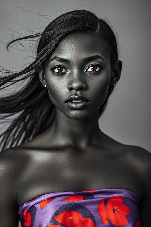 Photographic image of a beautiful young Kikuyu woman, red eyes, lips with black lipstick, long hair fluttering in the wind and wearing a silk strapless dress with a soft purple and orange print. monochrome image with only color highlights in the iris of the eyes, lipstick and dress. Gray background.
