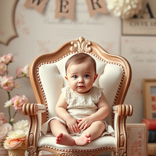 Create a soft-focus portrait of a toddler seated on an ornate chair, surrounded by pastel flowers and vintage text, with a warm, dreamy atmosphere, using a 50mm lens at f/1.8, ISO 200, 1/125s, natural light, shot from a slightly elevated angle with a shallow depth of field to enhance the subject's details and background blur.