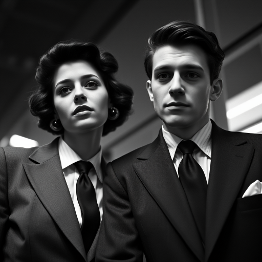 Black-and-white photograph, couple, tailored suits, retro hairstyles, film noir style, Tilt the camera for a dynamic Dutch angle using a versatile 24-70mm lens