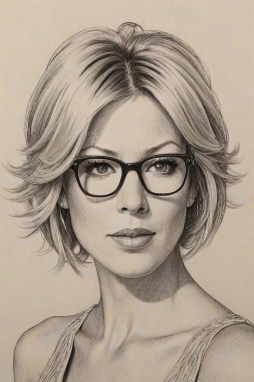 Alluring Jenna Elfman, pencil sketch, portrait of Comely woman 1969s in glasses, hair style beatnik, outline, clear lines, fine lines, 8k