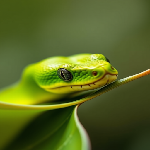 Close-up of a vibrant green snake resting on a leaf, soft focus background, natural light, macro lens with f/2.8 aperture, 50mm focal length, ISO 200, DSLR camera, shallow depth of field for enhanced detail.