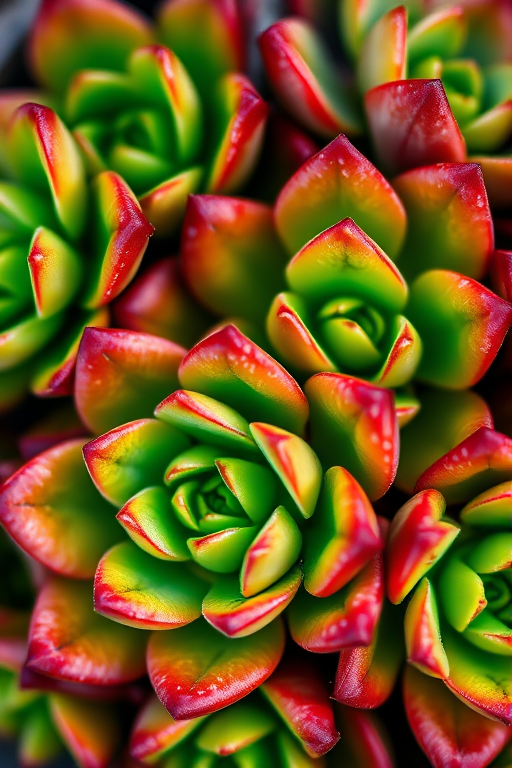 Close-up of vibrant green and red succulents with intricate patterns, shallow depth of field, natural lighting, ISO 100, f/2.8 aperture, 50mm lens, DSLR camera.