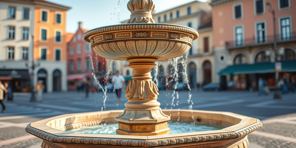 Create a detailed image of an ornate stone fountain in a public square under soft sunlight, with a shallow depth of field, using a DSLR camera at f/2.8, 50mm lens, ISO 100, and a slight vignette effect to enhance focus on the fountain.