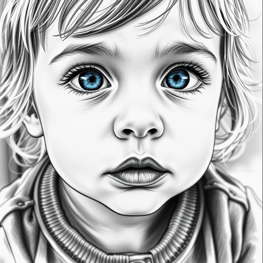 A hyperdetailed photorealistic black and white sketch of a beautiful toddler with deep blue eyes, with a macro focus