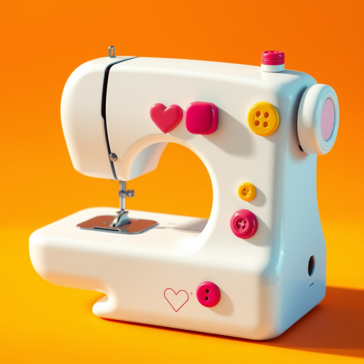 create a high-quality illustration of a whimsical sewing machine with colorful buttons and a heart design, 4k resolution, captured from a slightly elevated angle, using a soft-focus lens effect for artistic flair, digital artwork, brightly colored background for contrast