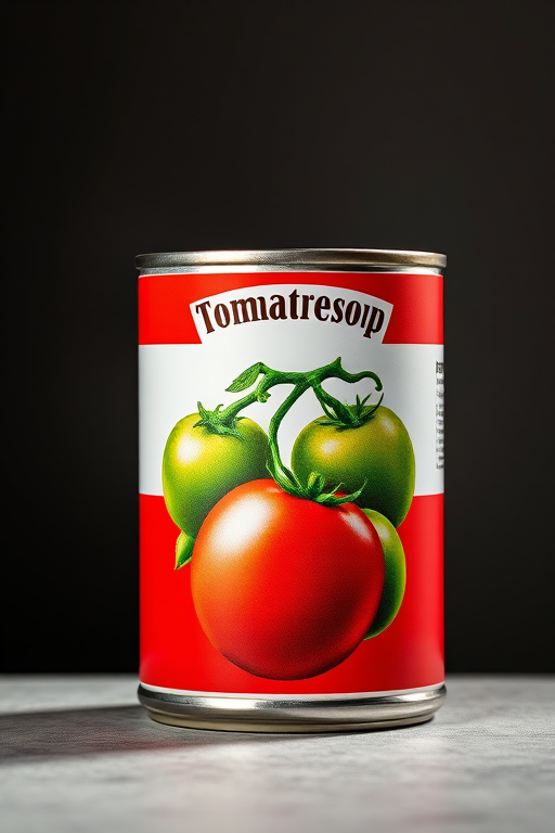 Regenerate an image of a red tomato soup can with green tomatoes on the label, use a Canon EOS R5 camera, set aperture to f/2.8, ISO 100, shutter speed 1/125 sec, in a studio setting with softbox lighting for a clear, high-quality illustration.