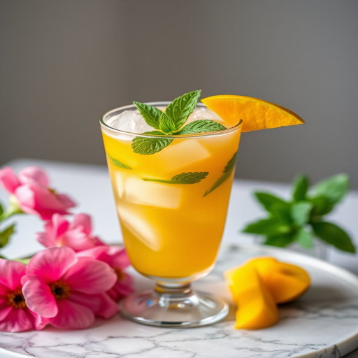 photograph of a refreshing mango cocktail with ice cubes in a glass, garnished with mint and mango pieces, placed on a marble tray with pink flowers, natural light, 50mm lens, f/2.8 aperture, ISO 100, soft focus background, high resolution