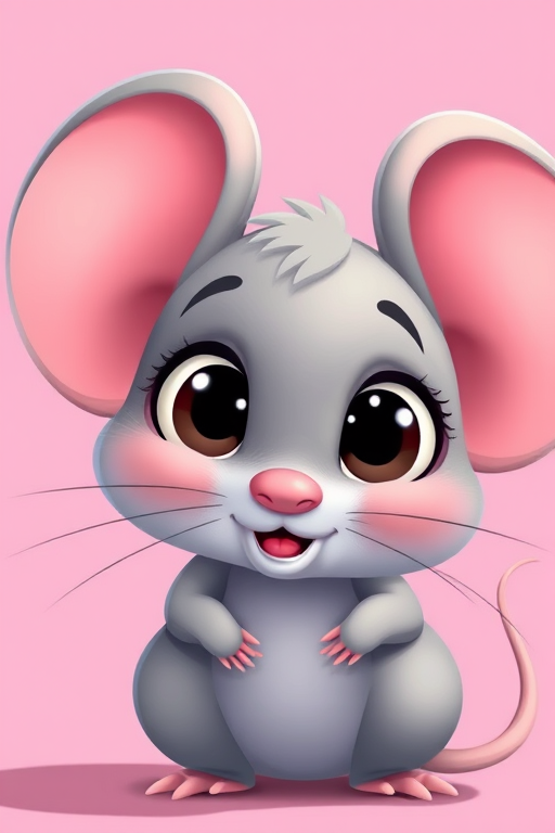 Create a vibrant cartoon image of a cute gray mouse with pink curly ears, large expressive eyes, and a small nose, using a digital art style with a bright color palette, camera settings at ISO 100, f/8 aperture, 50mm lens, and a focus on soft lighting for a cheerful effect.