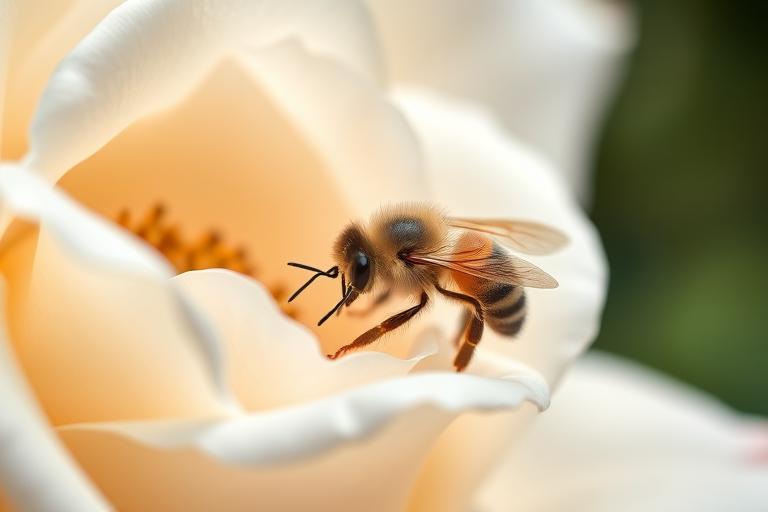close-up of a bee resting on a white rose flower, shallow depth of field, f/2.8, 1/500s, ISO 100, macro lens, soft natural lighting, DSLR camera