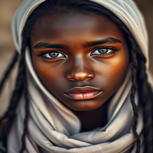 Create a portrait of a young Cape Verdean male with long, dark hair and captivating hazel eyes. She is wearing a white headscarf and a matching scarf draped gracefully around her neck. The background is softly blurred, focusing attention on her serene and natural expression. The overall color palette is muted and warm, enhancing the intimate and authentic feel of the portrait.