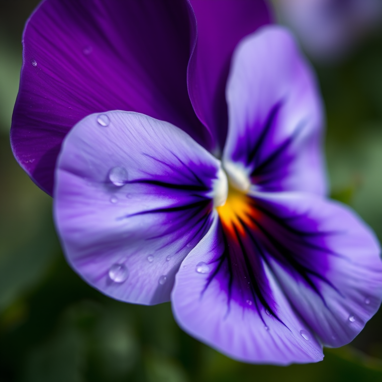 close-up of a purple pansy flower with water droplets on petals, shallow depth of field, macro lens, f/2.8 aperture, 50mm lens, natural light, DSLR camera