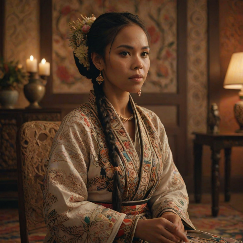 A beautiful Aboriginal Australian woman in traditional East Asian attire, intricately detailed with embroidered patterns, sitting gracefully in a richly decorated room, soft ambient lighting, serene and elegant, ultra-realistic, 8K resolution