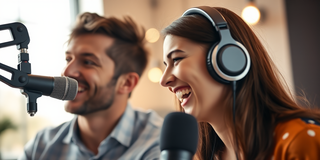 Close-up of a man and woman laughing while wearing headphones in a modern podcast studio, illuminated by soft lights, shallow depth of field, ISO 200, f/2.8, 85mm lens, natural light, DSLR camera.