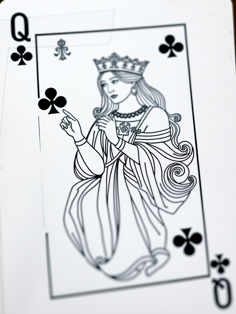 Regenerate an illustration of the Queen of Clubs playing card with intricate line art, using a DSLR camera with a 50mm lens, ISO 100, f/8 aperture, and a soft daylight setting for optimal clarity and detail.
