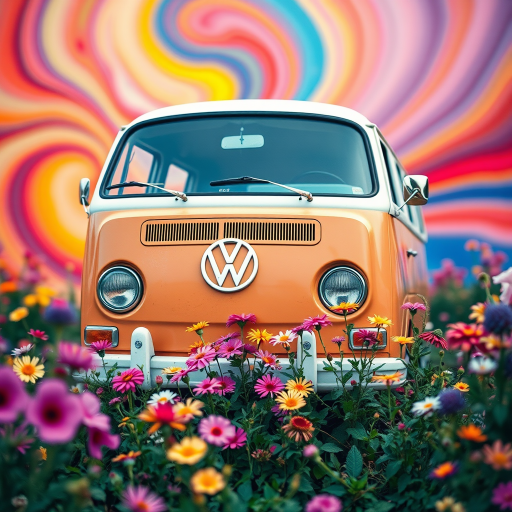 vintage Volkswagen van surrounded by vibrant flowers in a colorful swirled background, taken with a Canon EOS R5, 35mm lens, aperture f/1.8, shutter speed 1/200s, ISO 100, soft focus style, landscape orientation