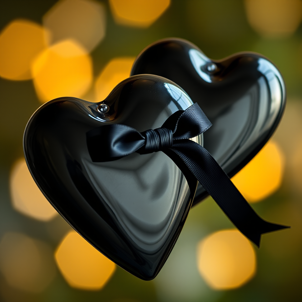 Create an image of two overlapping glossy black hearts with a stylish black ribbon wrapped around the center, shot with a Canon EOS R5 at f/2.8 aperture, ISO 100, in a soft light setting with a macro lens for enhanced detail and a smooth bokeh background.