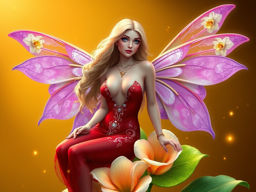 A digital artwork features a winged fairy with delicate Lilac butterfly wings, adorned with intricate Lilac andDaffodil patterns. She is seated on a vibrant Shamrock flower, wearing a revealing red two-piece outfit with sparkling beadwork. Her fair skin, long blonde hair, and gold jewelry add to her ethereal appearance. The background is a warm, golden gradient, creating a magical atmosphere. Small glowing orbs and sparkles surround the flower, enhancing the enchanting, highly detailed, and realistic scene.
