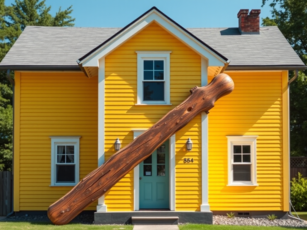 Generate an image of a yellow house with a gray roof and a large wooden gavel leaning against it, using a DSLR camera with a 50mm lens, f/1.8 aperture, ISO 100, natural lighting, clear view, and vibrant colors.