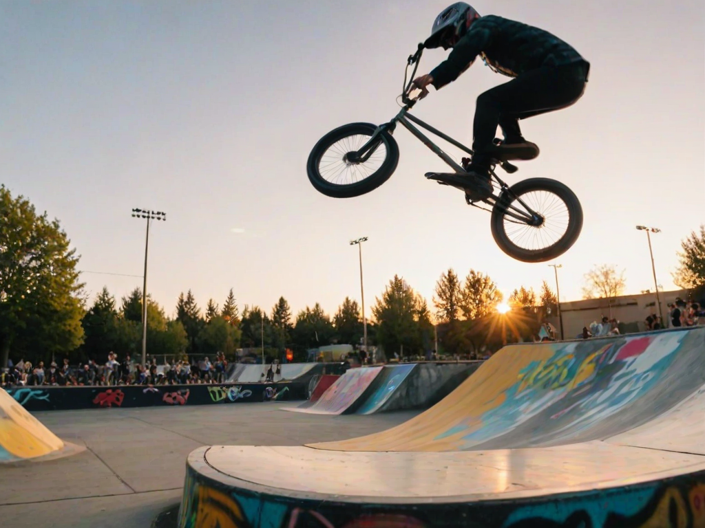 Blurry, dynamic shot of a BMX rider flipping through the air in a skatepark, graffiti-covered ramps in the background, with soft evening light casting colorful reflections off the bike's chrome frame.