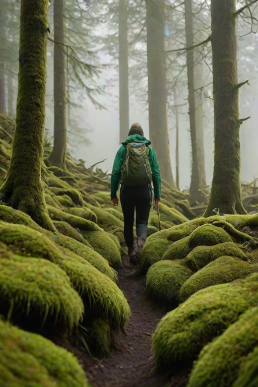 Softly lit image of a person hiking through a fog-covered forest, soft light filtering through the trees, with vibrant green moss covering the ground and distant mountains barely visible through the mist.