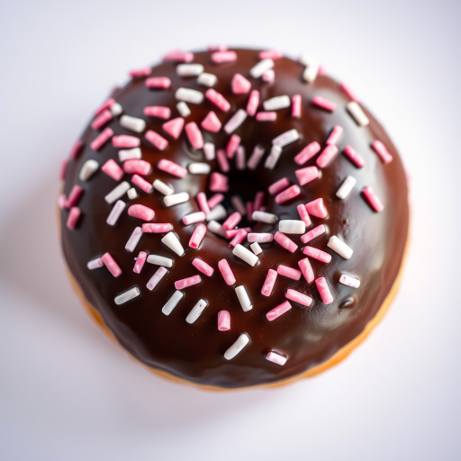 high-resolution image of a chocolate donut with pink and white sprinkles, soft lighting, 50mm lens, aperture f/2.8, ISO 100, top-down view, DSLR camera