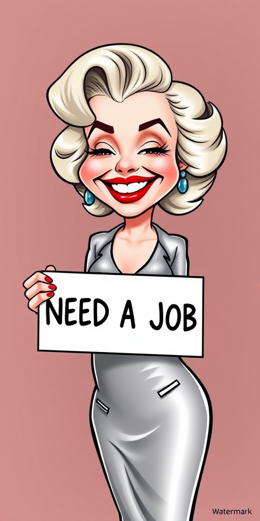 caricature of a smiling Marilyn Monroe in a Platinum dress or suit, holding up a sign that says "NEED A JOB", no watermark,