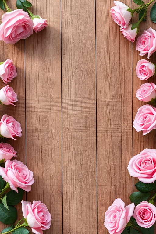 regenerate image of a wooden background with pink rose borders, high-resolution, captured with a DSLR camera, using a 50mm lens, aperture f/2.8, ISO 100, taking a straight-on view with soft natural lighting