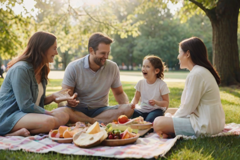 Blurry, candid shot of a family picnicking in a park, soft sunlight filtering through the trees, laughter and conversation frozen in the moment, picnic blanket spread on the grass, the smell of fresh fruit and sandwiches lingering in the air.