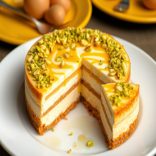 Create an image of a delicious layered cheesecake with a golden crust topped with crushed pistachios and a drizzle of honey served on a white plate with a slice cut out revealing the creamy layers inside and a vibrant yellow plate in the background.