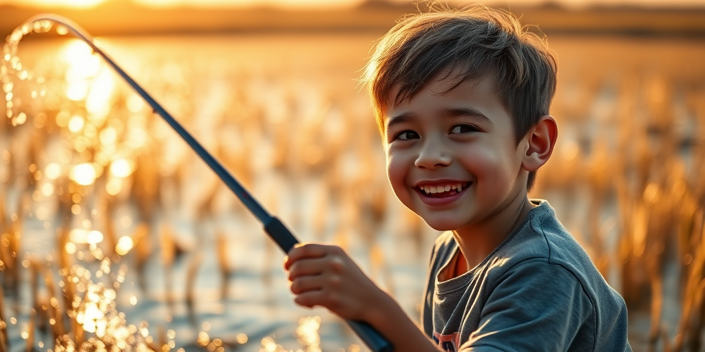 A young boy smiling while fishing in a shimmering sunset-lit field, water splashing around him, shallow depth of field, ISO 100, f/2.8, 1/500s, 85mm lens, golden hour lighting, taken with a DSLR camera.