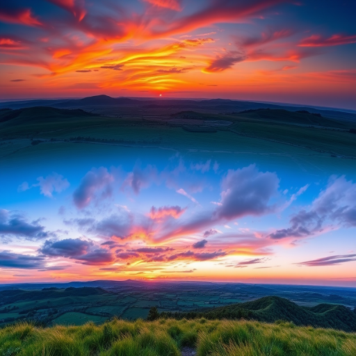 Create a high-resolution image of a serene landscape during sunset with vibrant colors, use a DSLR camera at f/8 aperture, ISO 100, 1/125 shutter speed, wide-angle lens, and a panoramic view to enhance depth and detail.