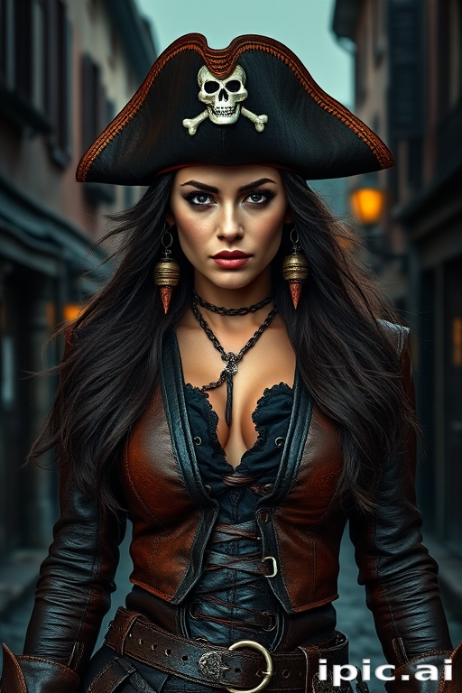 Create a portrait of a fierce female pirate. She wears a leather tricorn hat adorned with a skull and crossbones emblem, and her long, dark hair flows around her face. Her outfit consists of a richly detailed leather jacket, a corset, and multiple layers of belts and accessories, giving her a formidable and stylish appearance. She stands confidently in a dimly lit, historic port town, with a backdrop of weathered buildings and cobblestone streets, capturing the adventurous spirit of a pirate.