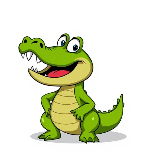 Create a cartoon-style illustration of a green crocodile with exaggerated features, set against a plain background, captured with a 50mm lens at f/11, iso 100, with natural lighting, using a digital camera for high clarity and vibrant colors.
