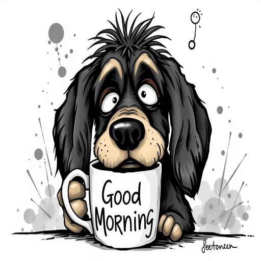 A quirky, artistic illustration of a disheveled basset jack dog breed with exaggerated, large eyes and spiky fur, holding a coffee mug that reads "Good Morning". The dog has a tired but humorous expression, with ink splatters and abstract details surrounding it, giving a whimsical feel to the image. The color palette is mostly monochrome with hints of white in the eyes and steam rising from the mug, enhancing the overall sleepy vibe