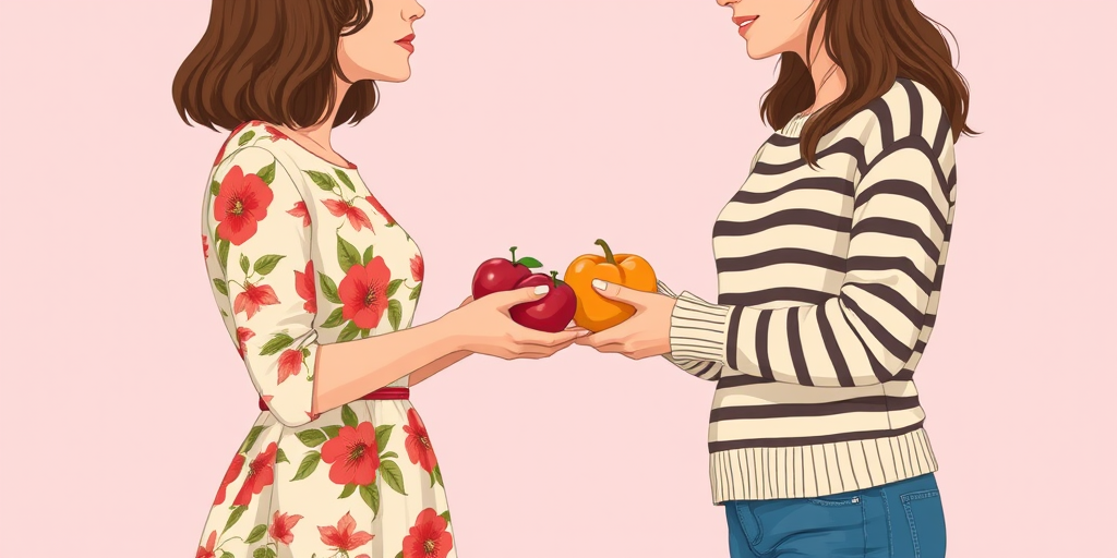Generate an illustration of two women exchanging fruits, woman on the left in a vintage floral dress with brown hair, woman on the right in a striped sweater and blue jeans, bright pastel background, camera settings: ISO 100, f/8, shutter speed 1/250, camera view: close-up, camera style: portrait, camera type: digital illustration.